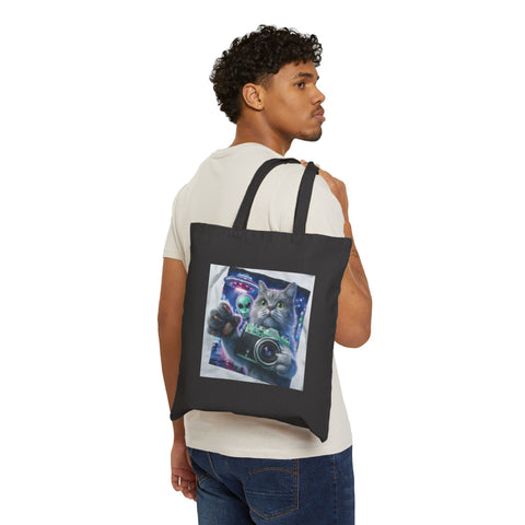 Whimsical Cat Alien Photographer Tote Bag, Eco-Friendly Shopping Bag, Gift for Cat Lovers, Fun Canvas Bag, Quirky Pet Accessory