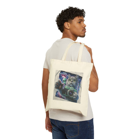 Whimsical Cat Alien Photographer Tote Bag, Eco-Friendly Shopping Bag, Gift for Cat Lovers, Fun Canvas Bag, Quirky Pet Accessory