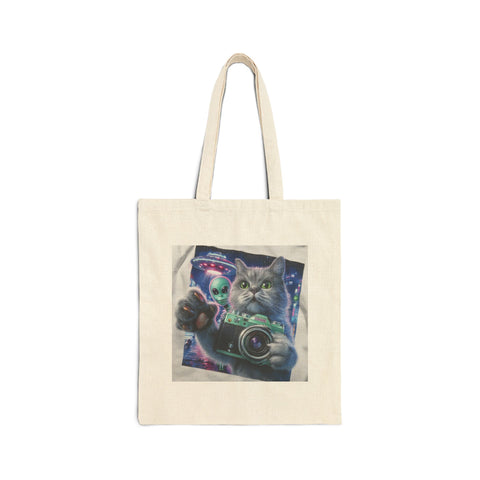 Whimsical Cat Alien Photographer Tote Bag, Eco-Friendly Shopping Bag, Gift for Cat Lovers, Fun Canvas Bag, Quirky Pet Accessory