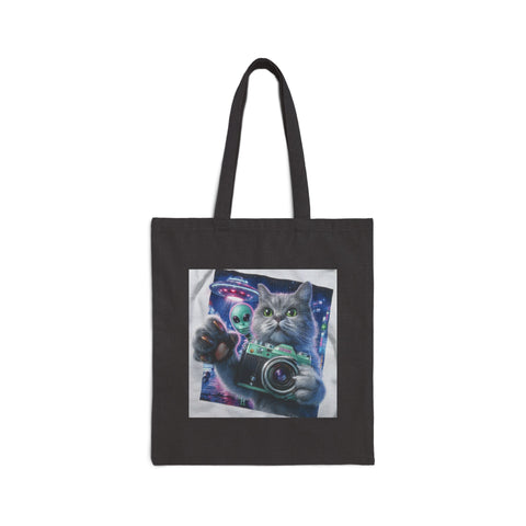 Whimsical Cat Alien Photographer Tote Bag, Eco-Friendly Shopping Bag, Gift for Cat Lovers, Fun Canvas Bag, Quirky Pet Accessory